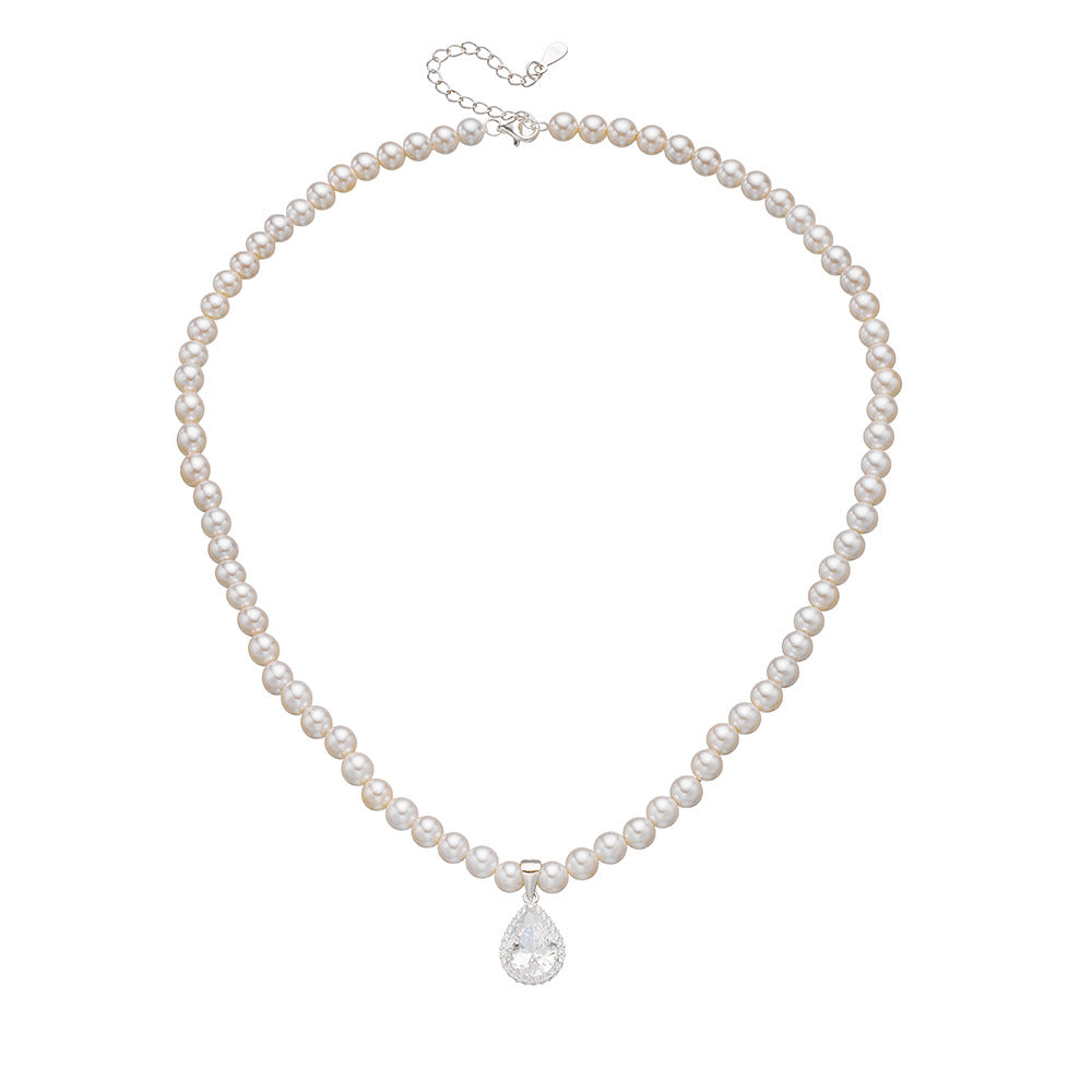 Retro Water Drop Zircon Inlaid Pearl Necklace S925 Sterling Silver Beaded