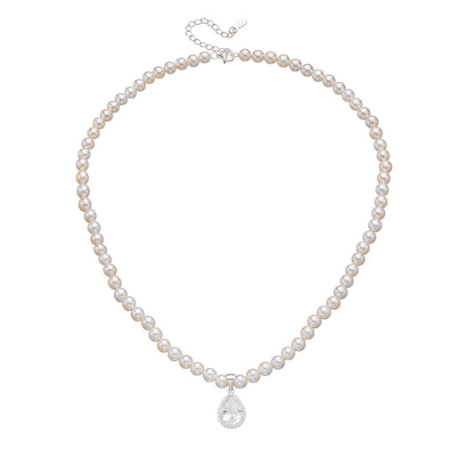 Retro Water Drop Zircon Inlaid Pearl Necklace S925 Sterling Silver Beaded
