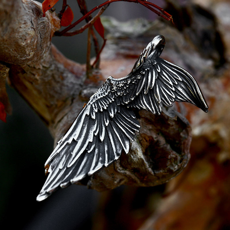 Titanium Steel Retro Angel Wings Pendant for Men - Unique Stainless Steel Feather Wing Accessory