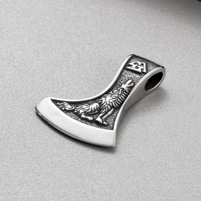 Viking-Inspired Stainless Steel Men's Pendant with Double-Sided Axe and Direwolf Design
