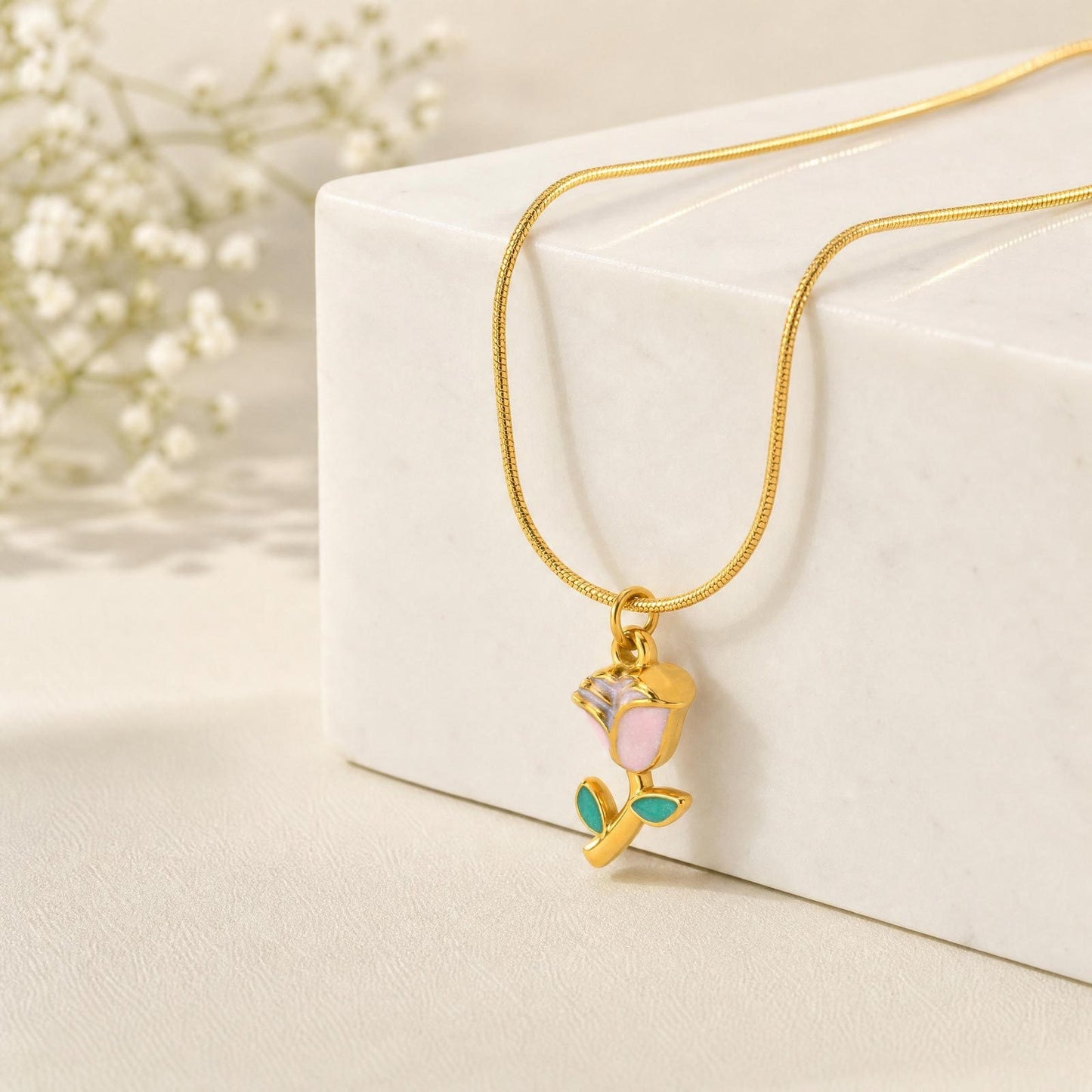 Stainless Steel Necklace Women's Rose Necklace Pendant Round Snake Chain Romantic Daily