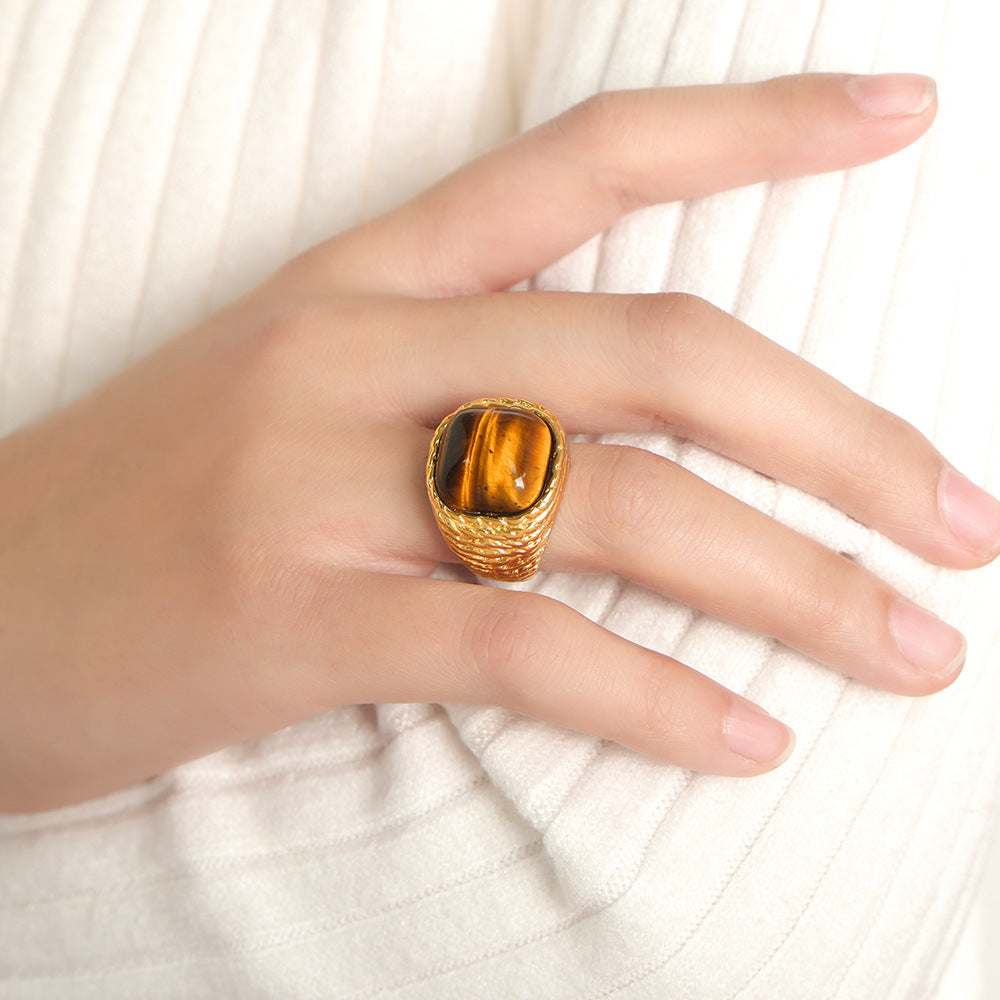 Golden Tiger's Eye Crystal Ring - Luxury Retro Jewelry