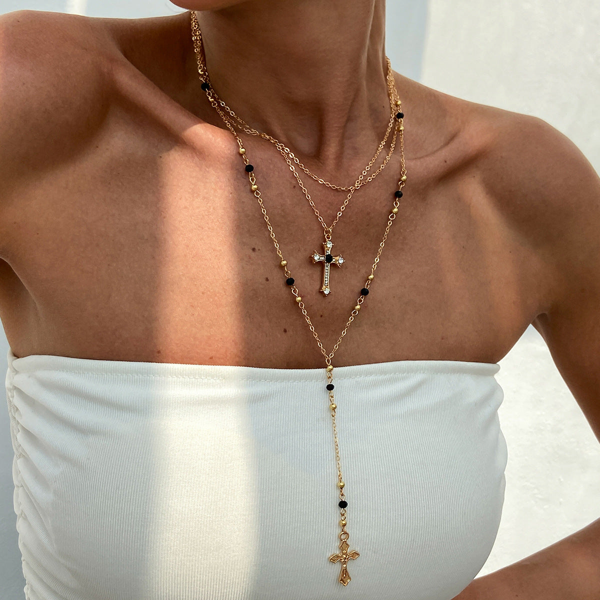 Wind Stacked Cross Fringed Necklace Round Bead Snake Bone Chain Multi-Layer