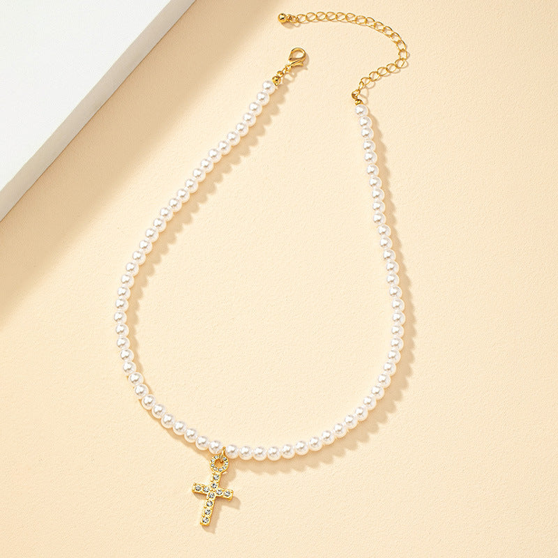 Icy Breeze Cross Necklace Set with Pearl Accent - Women's Elegant Fashion Jewelry