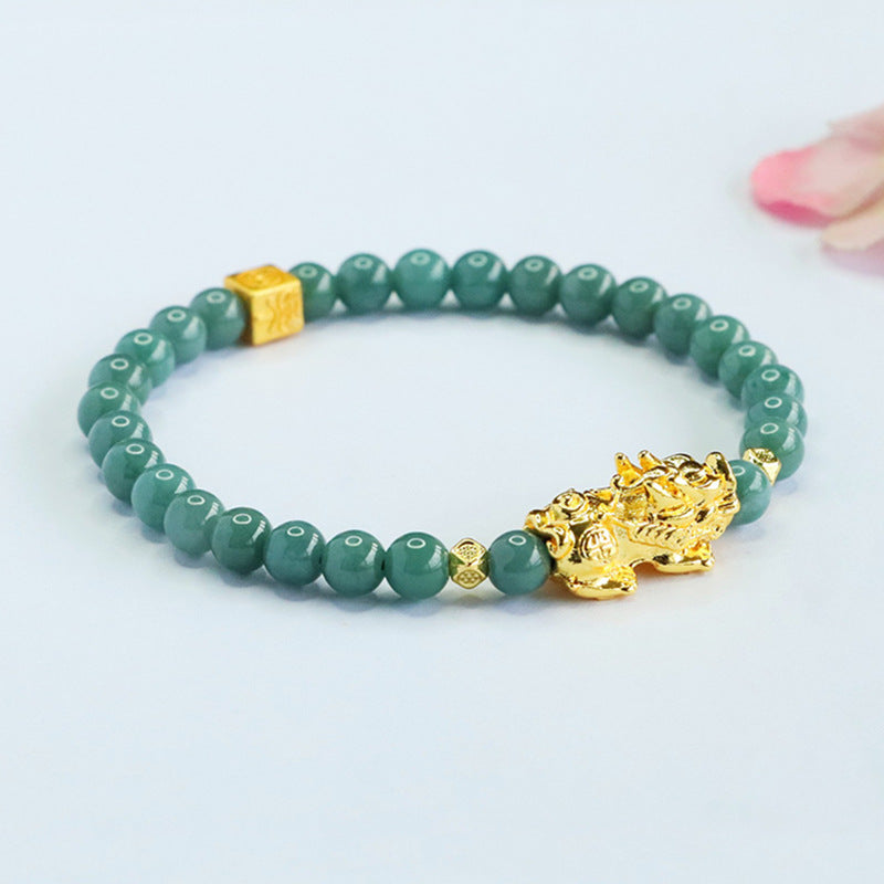 Blue Water Jadeite Pixiu & Round Bead 5.8 mm Bracelet