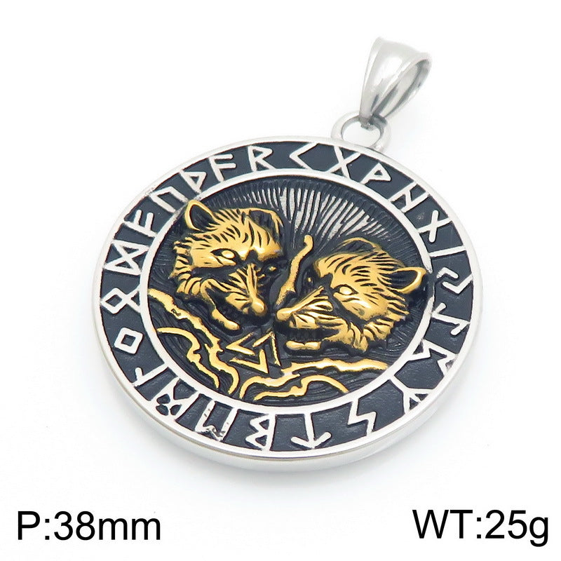 Nordic Viking Mythology Tomahawk Raven Totem, Retro Double Wolf And Crow Titanium Necklace