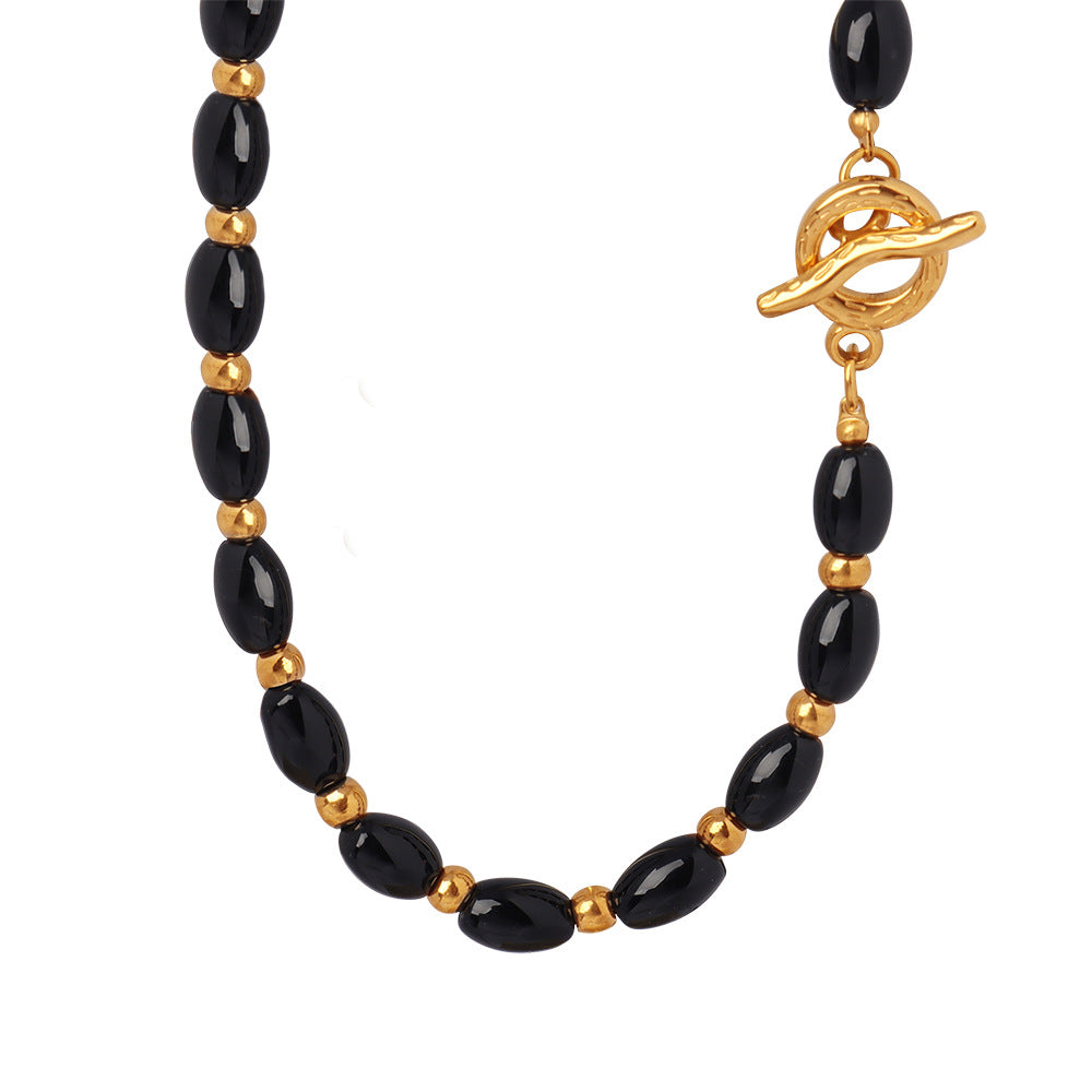 Opulent Black Agate Handmade Necklace with Elegant OT Buckle