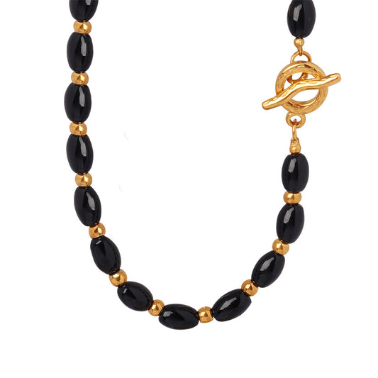 Opulent Black Agate Handmade Necklace with Elegant OT Buckle