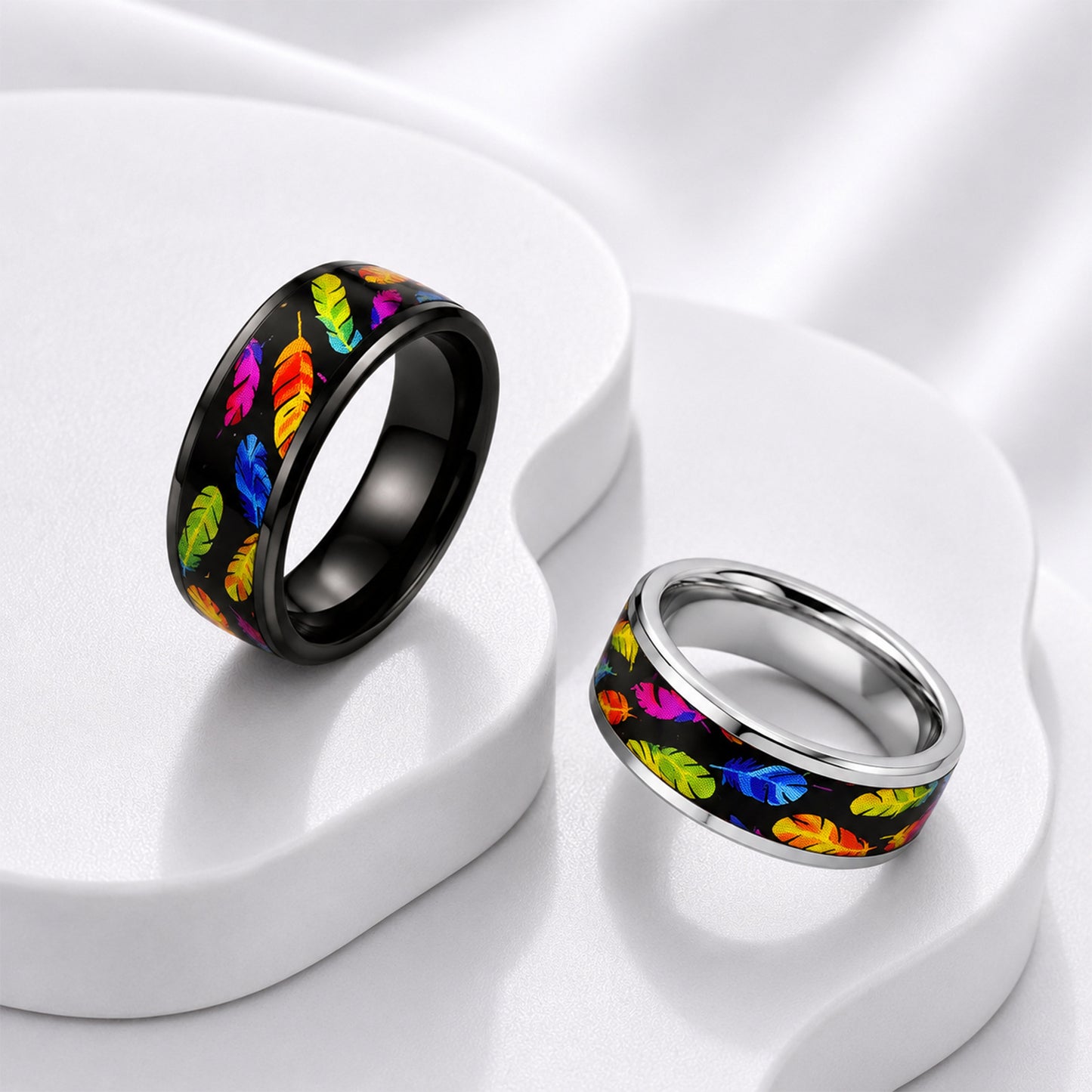 Rainbow Feather Patch Stainless Steel Ring By Planderful Everyday Genie Unisex Statement Jewelry For Bold Fashion Lovers