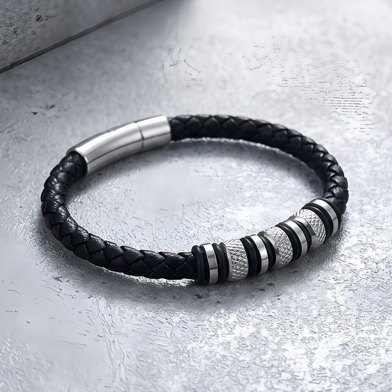 Rhombus Knurled Titanium Steel Ball Woven Microfiber Leather Magnetic Buckle Leather Bracelet
