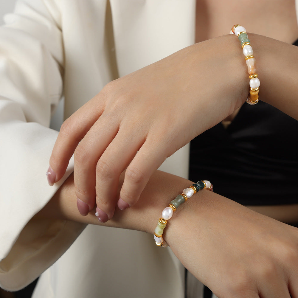 Baroque Freshwater Pearl and Natural Stone Handmade Bracelet with Light Luxury European and American Retro Design