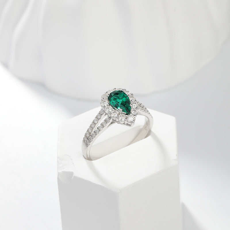 Jewelry 1 Carat Water Drop Lab Grown Emerald Halo Ring
