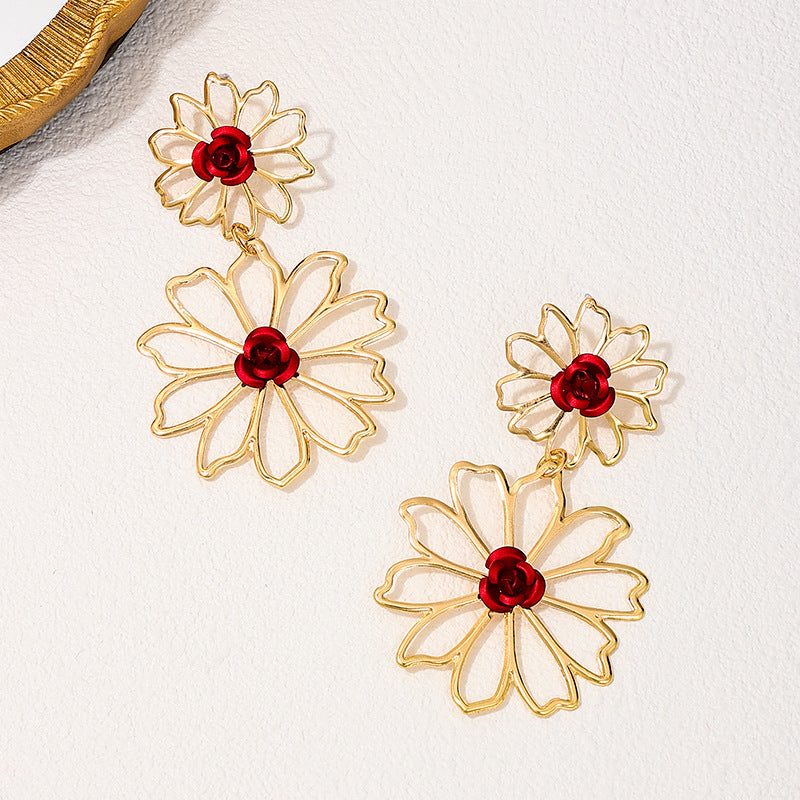 Elegant Double Flower Metal Hollow Earrings - Vienna Verve Collection