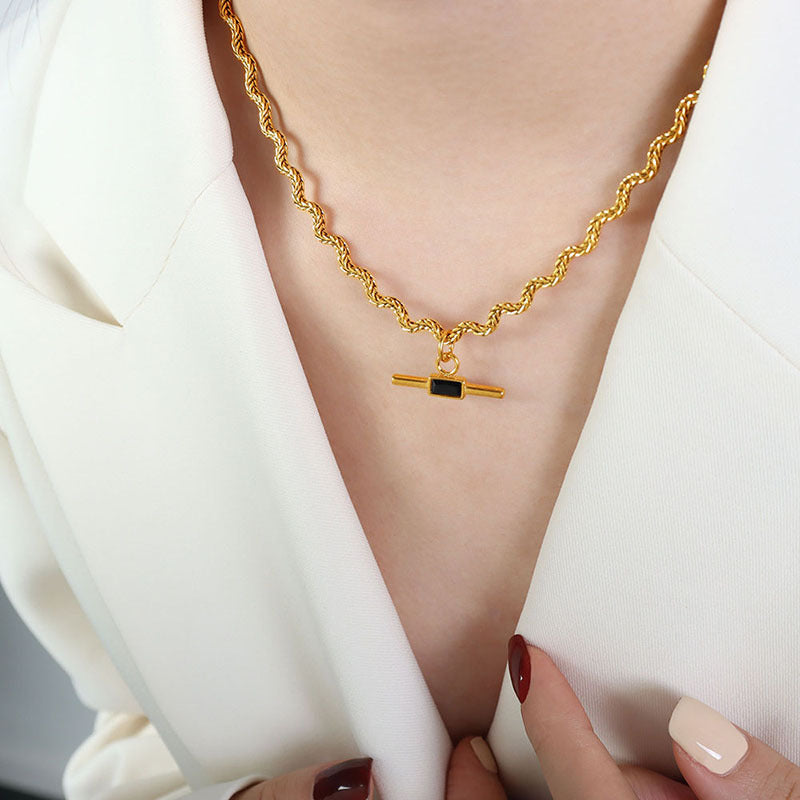 Trendy European-American Glass Inlaid Cone Necklace with Titanium Steel Pendant