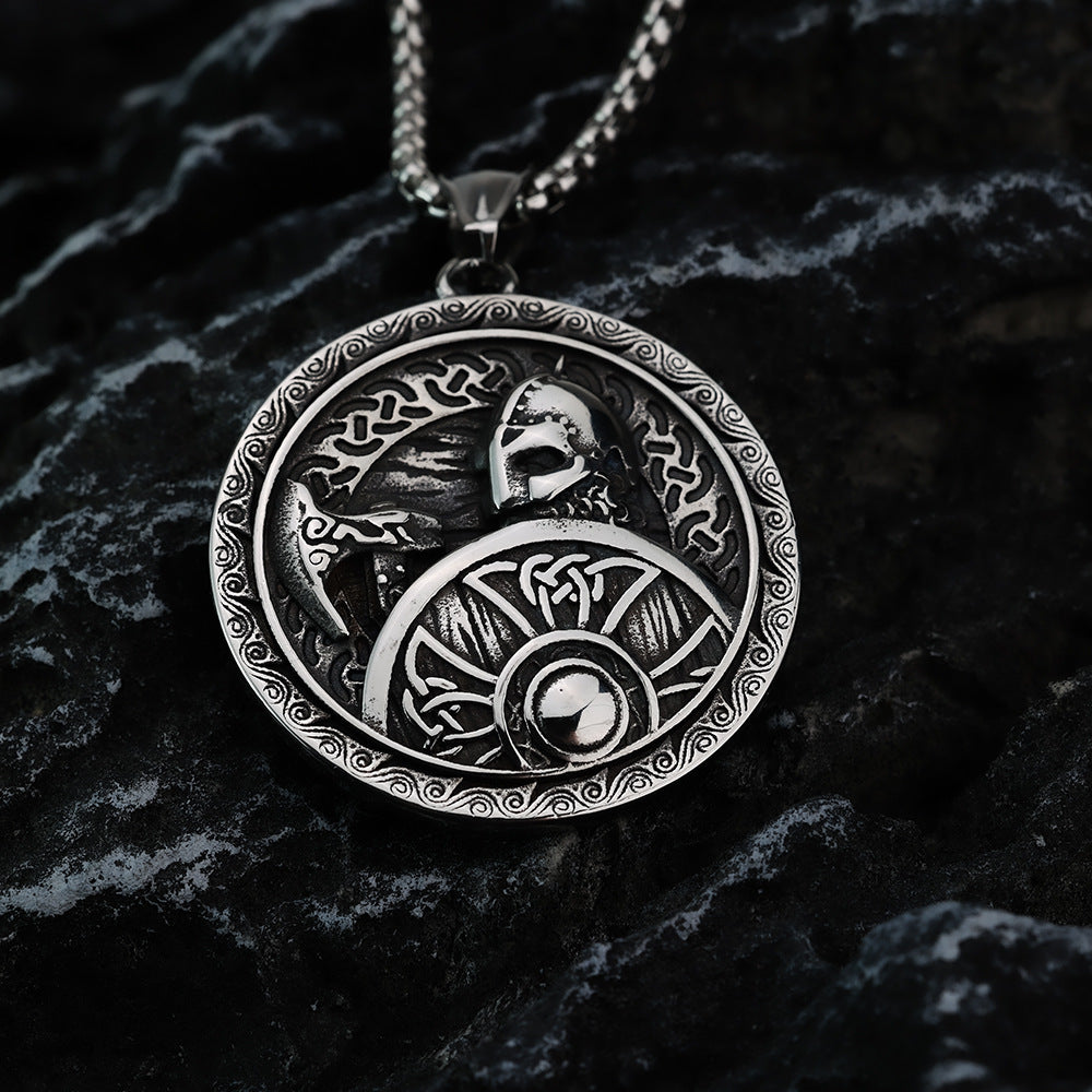 Viking Pendant Necklace With Axe Shield Norse God Of War Round Retro Coin Style For Men Planderful