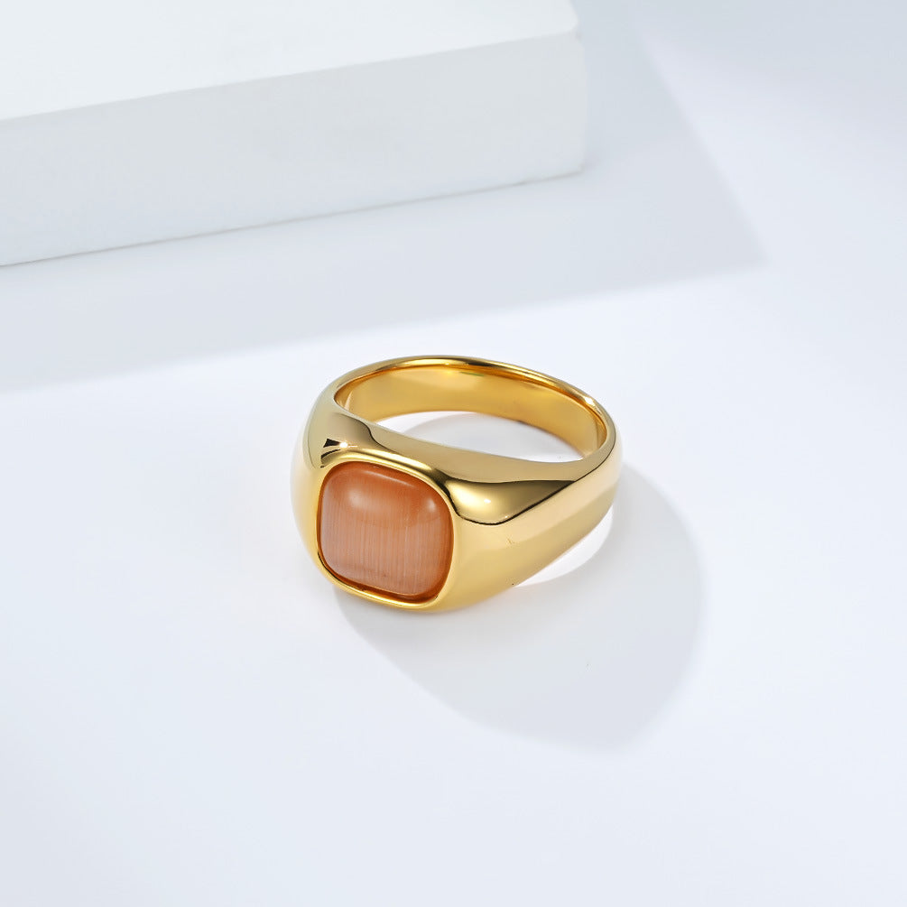 Planderful Opal Inlaid Titanium Steel Ring Elegant Gold Plated Unisex Jewelry For Fashion Lovers