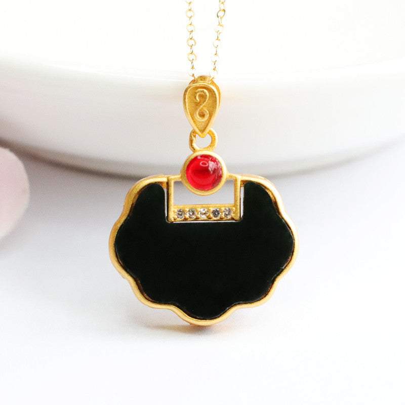 Sterling Silver Natural Hetian Jade Black Jade Ruyi Lock Necklace