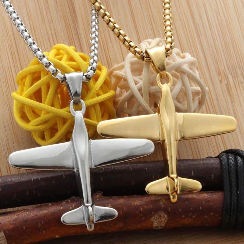 Titanium Steel Aircraft Pendant Necklace - Retro Punk Style for Men, Domineering and Trendy Stainless Steel Design