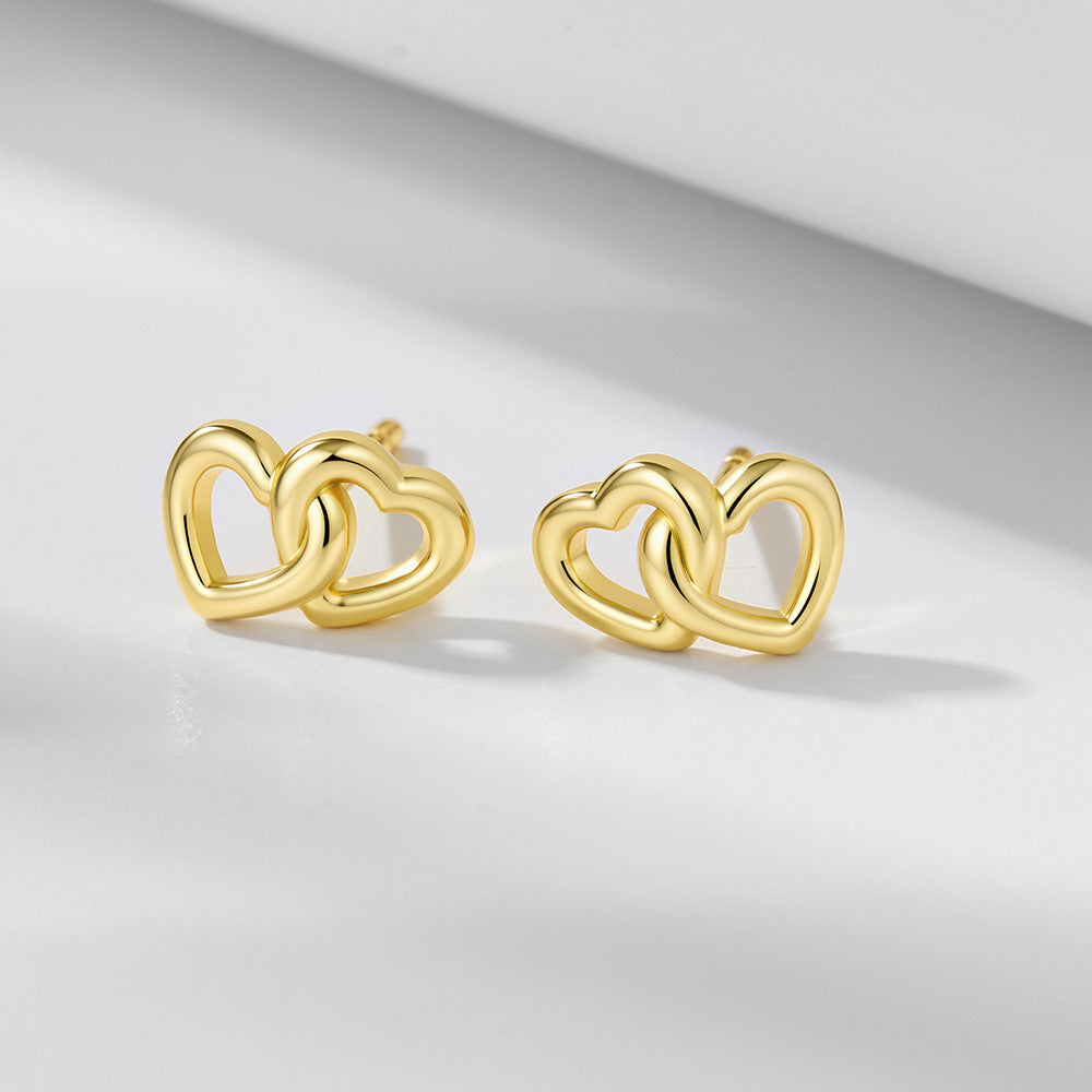 S925 Sterling Silver Small Fresh Love Design Stud Earrings Exquisite Heart-To-Heart Print Sweet