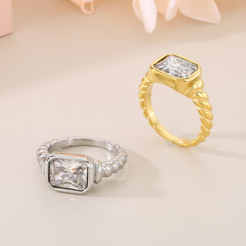 Twist Edge Square Inlaid Glass Ring Female, Design Sense Sugar