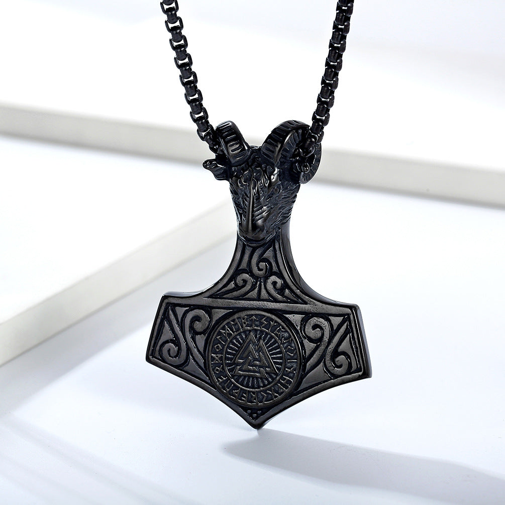 Vintage Nordic Viking Ram Head Necklace with Compass Pendant