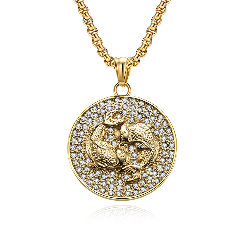 Planderful Twelve Constellations Zircon Titanium Steel Pendant For Hip Hop Style Fans