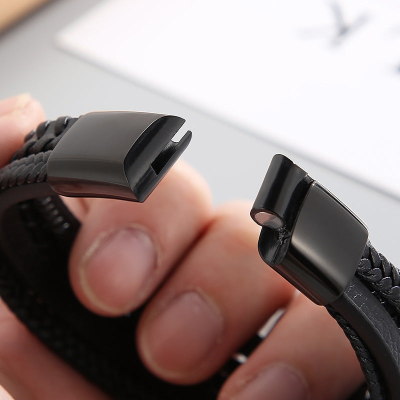 Planderful Mens Leather Braided Bracelet Magnetic Buckle