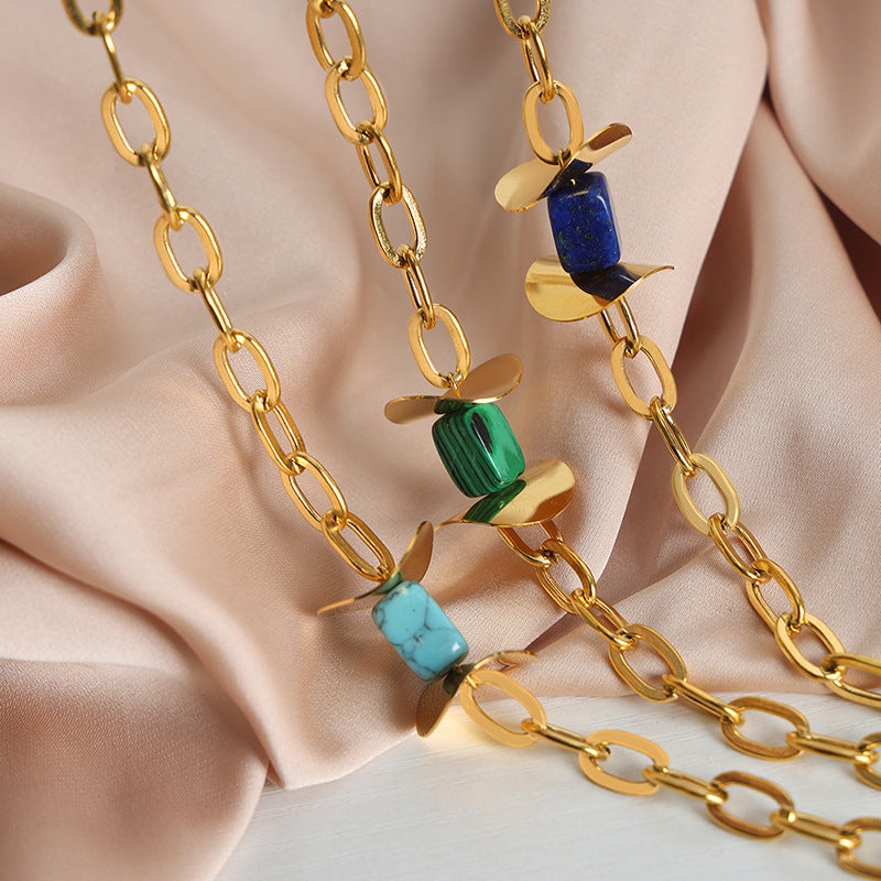 Elegant Turquoise Stone Pendant Necklace with Light Luxury Gold Finish for Women