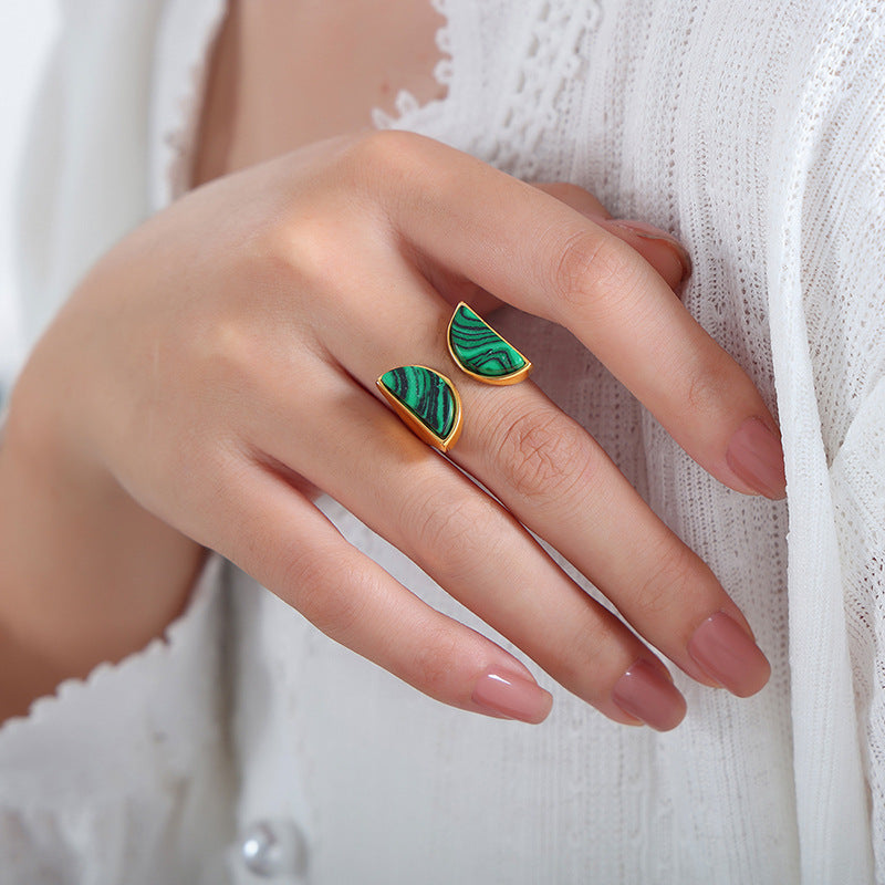 Peacock Turquoise Double Semicircle Titanium Steel Ring - Light Luxury Women's Jewelry