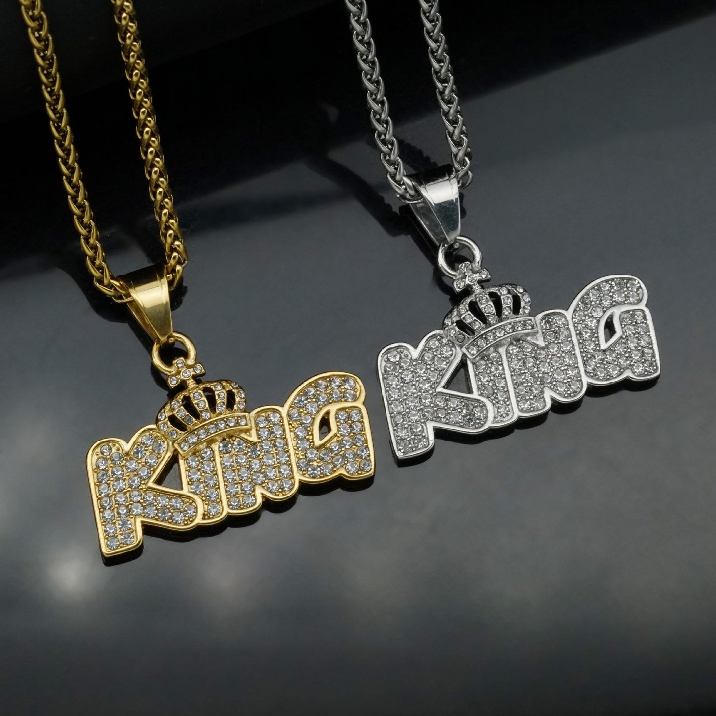 Planderful King Crown Pendant Necklace Titanium Steel Gold Plated Zircon Unisex Hip Hop Jewelry