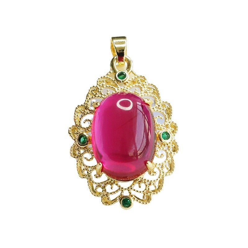 Lab-Grown Ruby Patterned Oval Pendant — No Chain