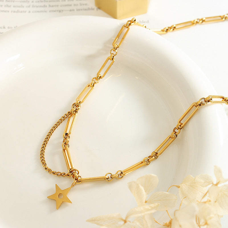Starry Hollow Five-Pointed Star Tassel Necklace - Women's Titanium Gold-Plated Clavicle Chain