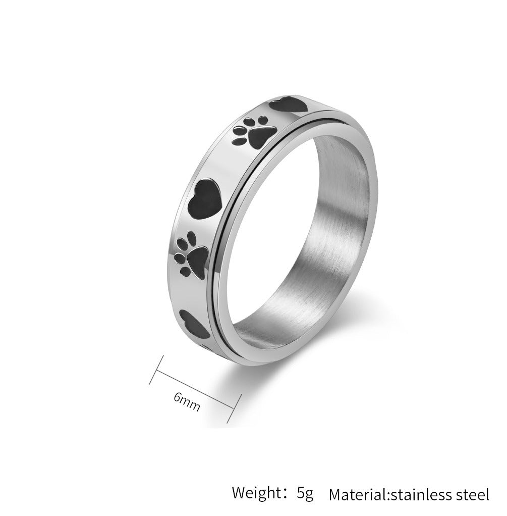 Planderful Puppy Palm Print Rotating Ring For Women Titanium Steel Pet Lover Jewelry Niche Hipster Style