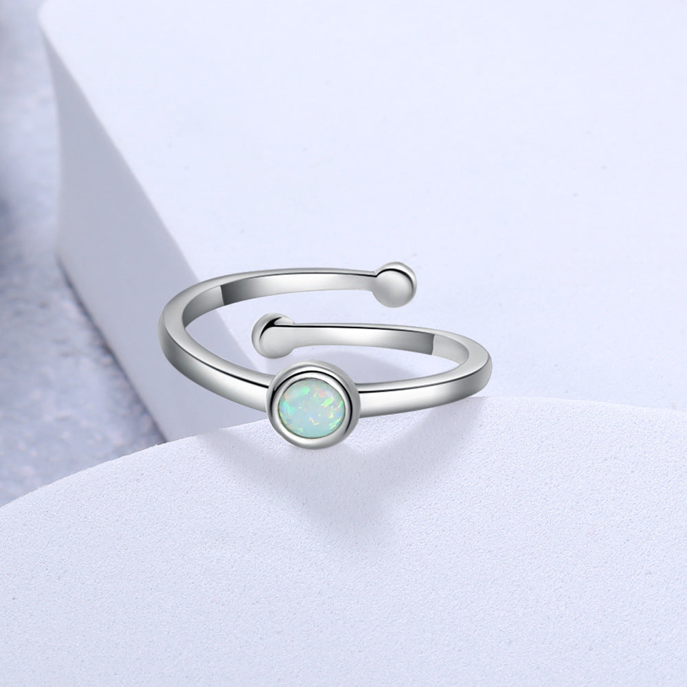 Planderful Jewelry Opal Open Ring in S925 Sterling Silver White Round Opal Adjustable