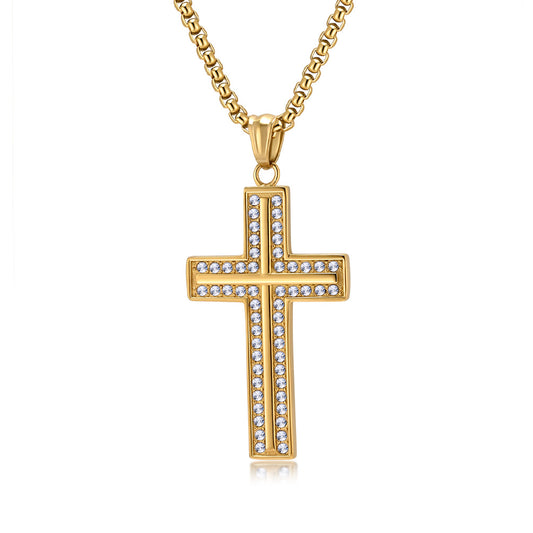 Planderful Shop Titanium Cross Necklace For Men With Double Row Zircon Pendant Bold Hip Hop Faith Jewelry