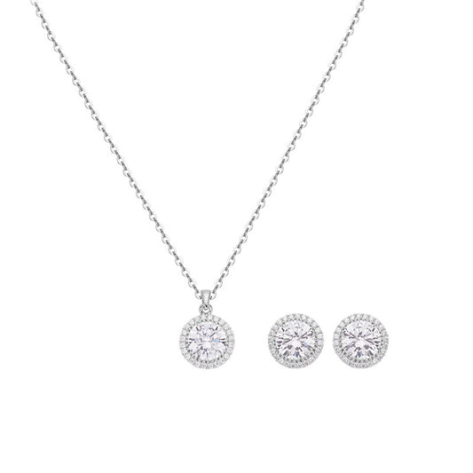 Soleste Halo Round Zircon Silver Necklace Earrings Set