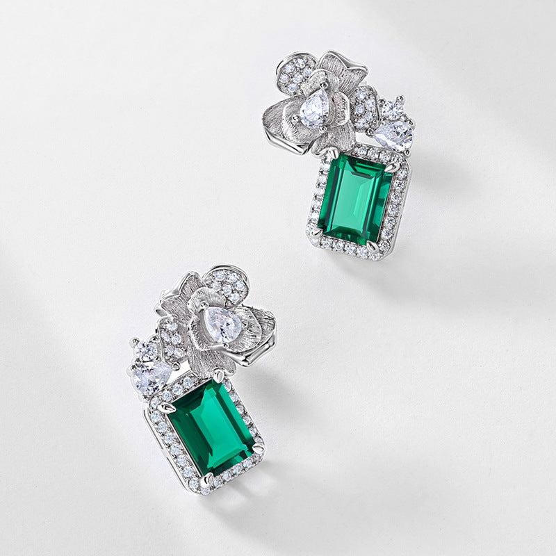 S925 Sterling Silver Lab-Grown Emerald Flower Stud Earrings