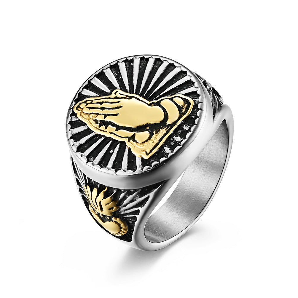 Planderful Titanium Steel 18K Gold Prayer Hand Men's Ring