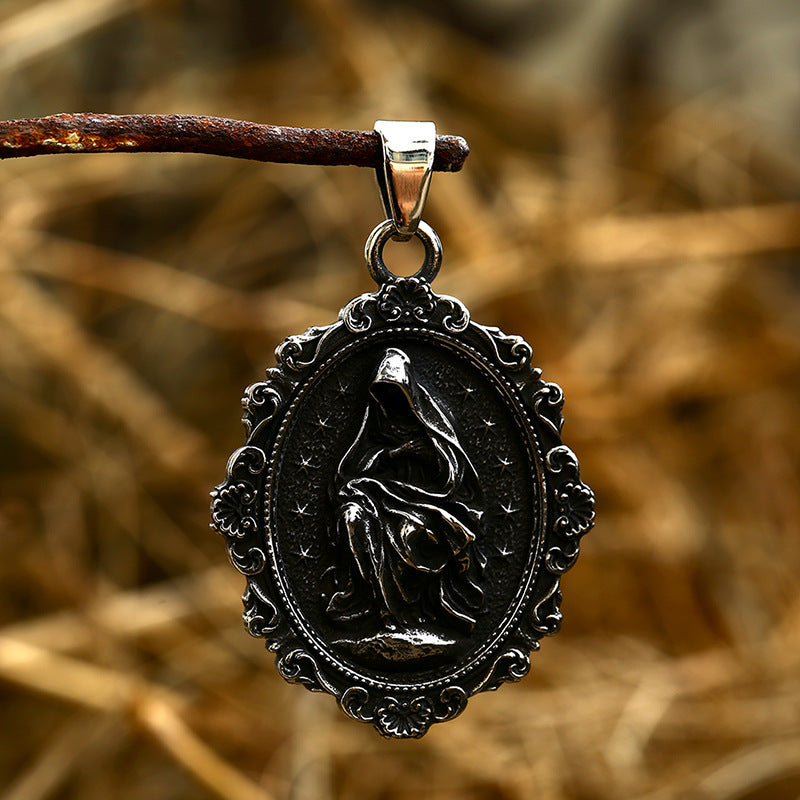 Titanium Steel Grim Reaper Skull Pendant - Retro European and American Magic Mirror Jewelry for Men