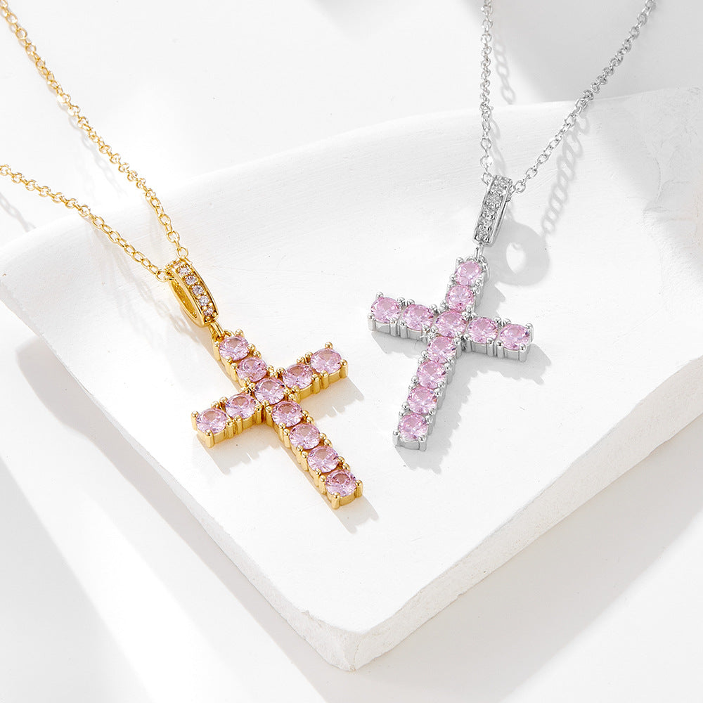 Hip Hop Cross Necklace 925 Sterling Silver Hipster Pink Zircon Pendant