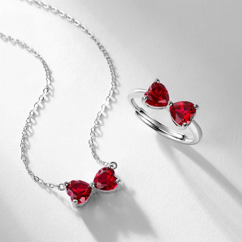 S925 Sterling Silver Lab-Grown Ruby Bow Pendant Necklace