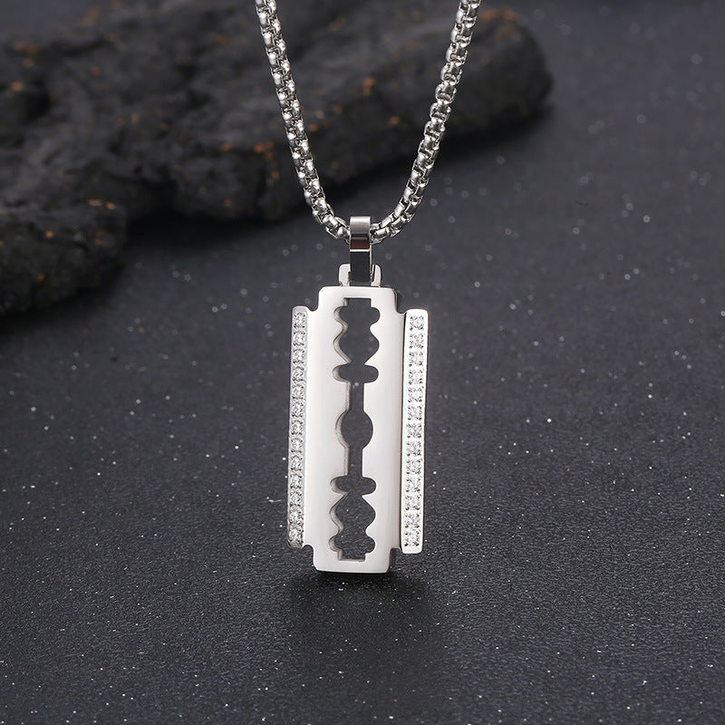 Hip Hop, Rock Street Vacuum Plated Cnc Inlaid Zircon Blade Square Pearl Titanium Necklace