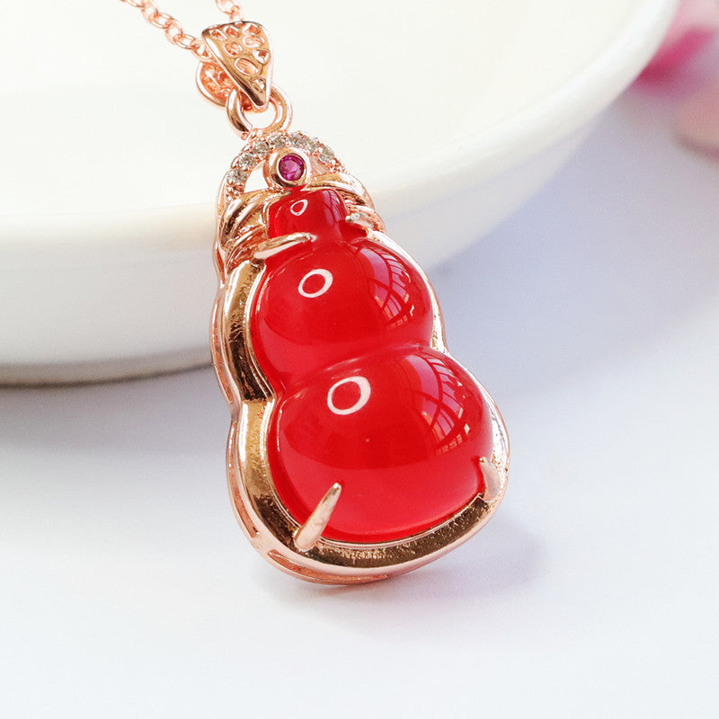 Red Agate Gourd Rose-Gold-Tone Pendant — No Chain
