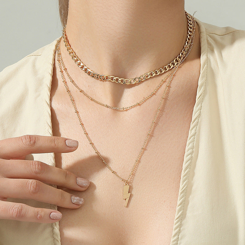 Chic Lightning Layered Necklace with Personalized Charm