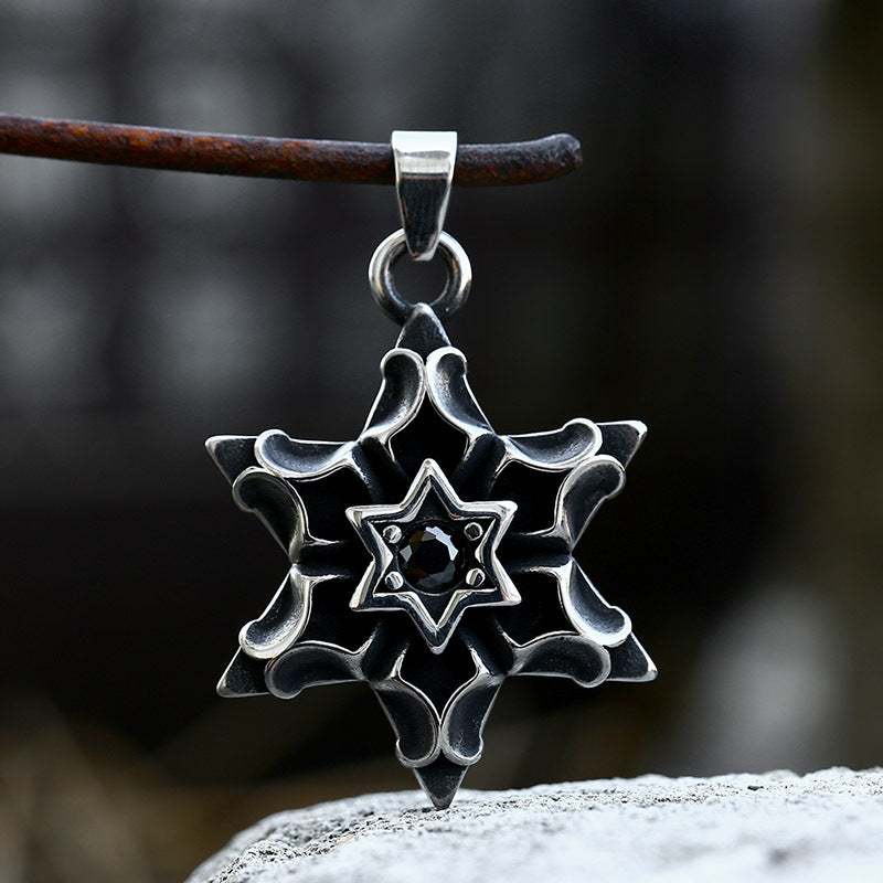 Titanium Steel Retro Punk Six-Pointed Star Pendant for Men with Stone Accent