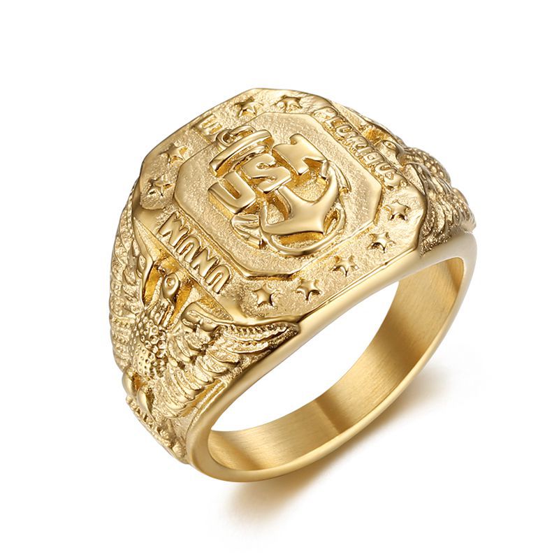 Hip Hop Ring For Men By Planderful Bold Gold Plated Titanium Steel USN Anchor Eagle Motif