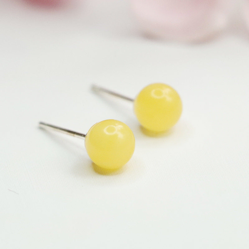 Beeswax Amber Round Bead Stud Earrings