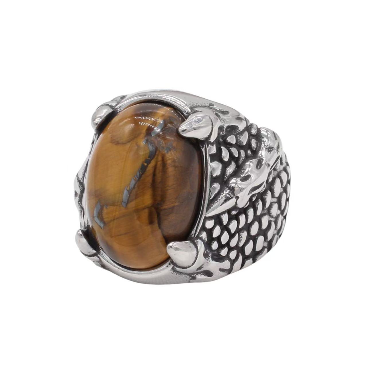 Planderful Jewelry Tiger Eye Ring In Titanium Steel For Men Dragon Claw Retro Style