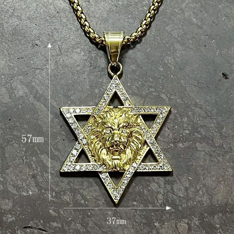 Planderful Everyday Genie Lion Head Hexagram Pendant Necklace Stainless Steel Zircon Unisex Jewelry