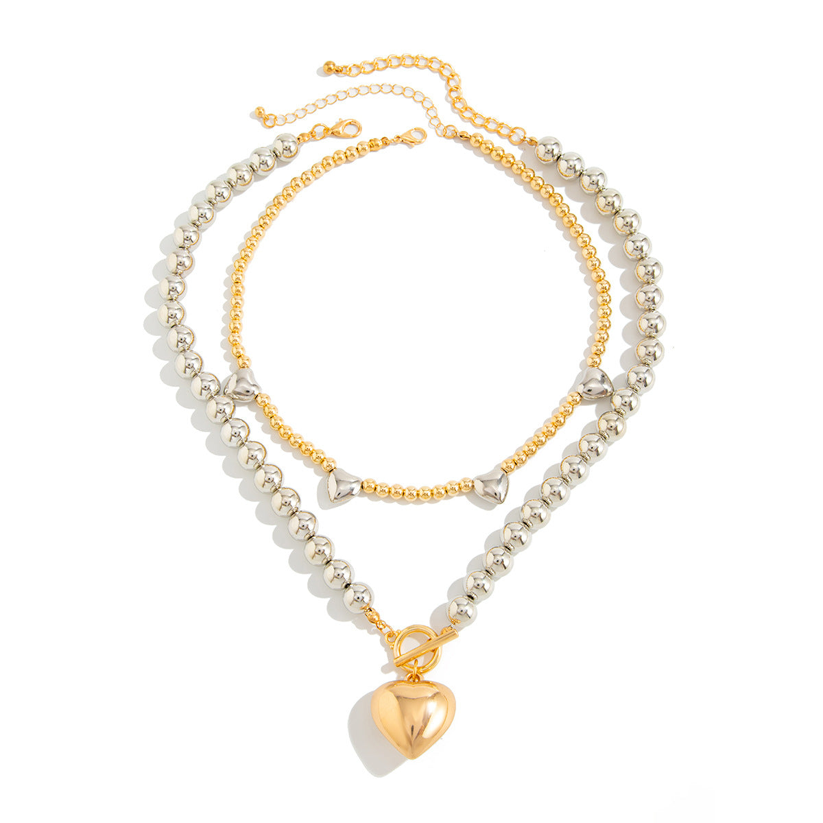 Heart Pendant Double-Layer Beaded Necklace Set
